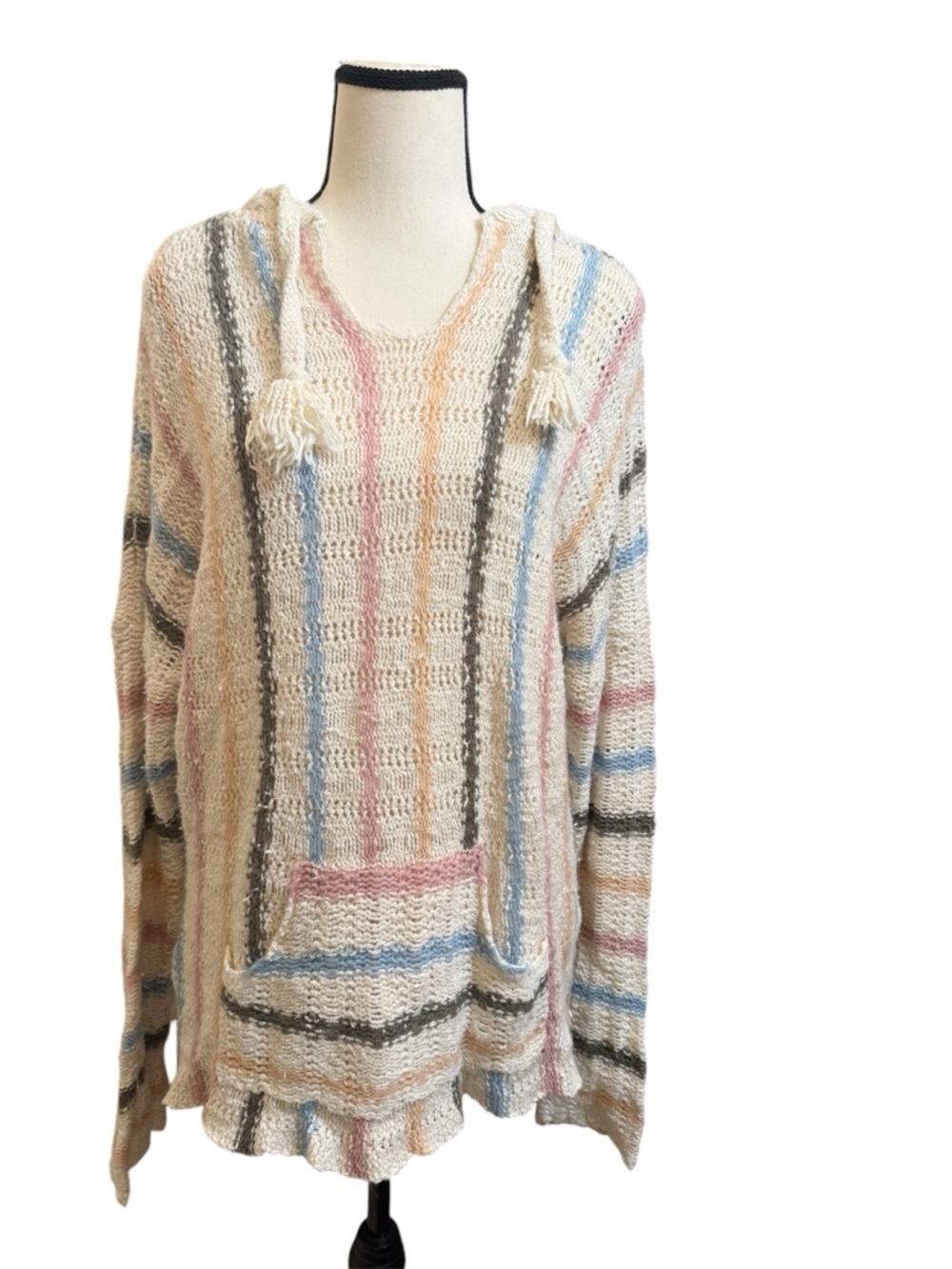 Vintage Havana | Cream Striped Hooded Pullover Asymmetrical with Pastel Accents